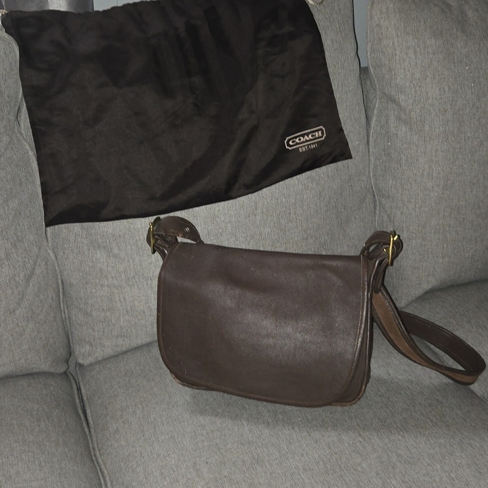 Coach Black Leather Messenger Crossbody with Brass Hardware